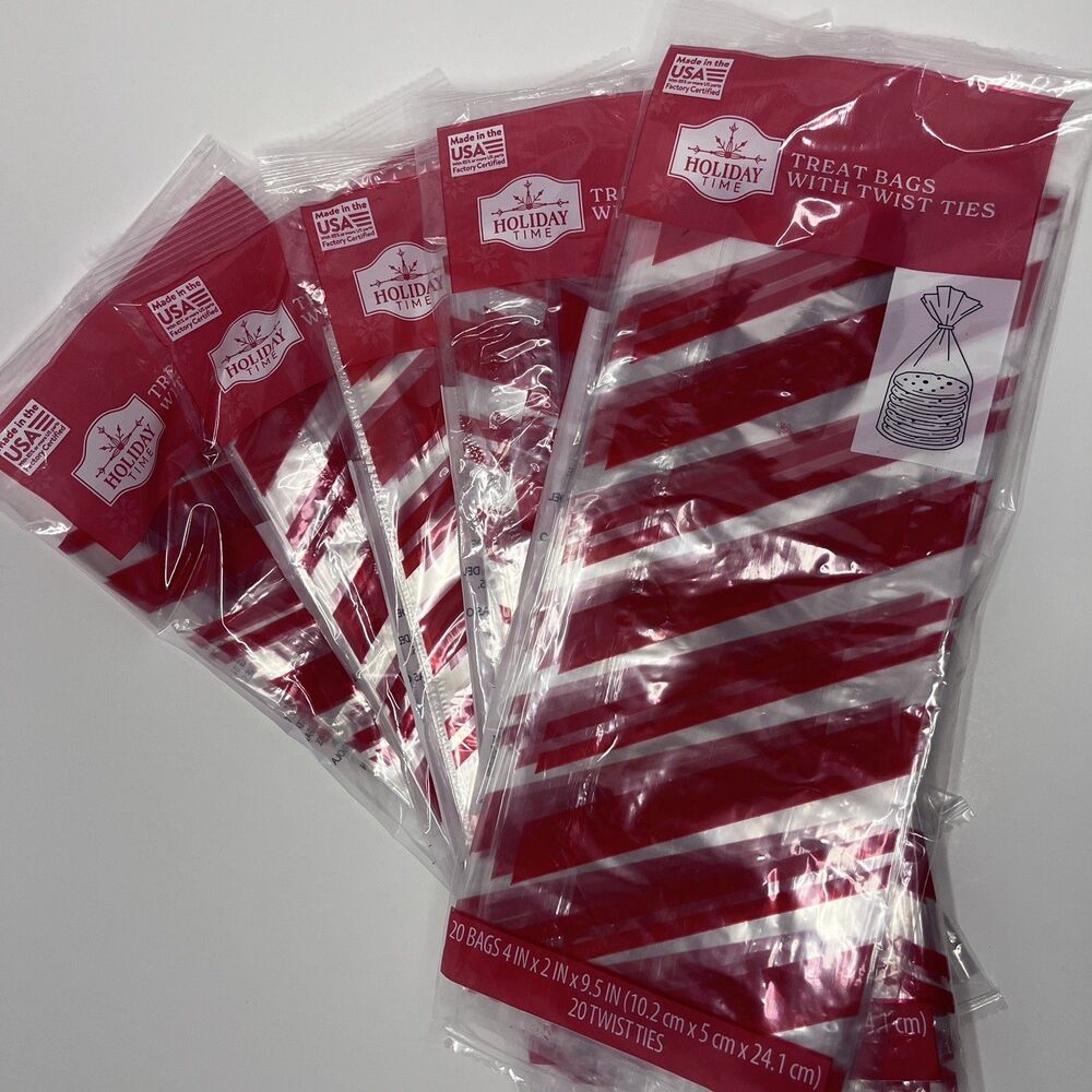 Treat Bags 20 Pack Red Diagonal Stripe Twist Ties LOT OF 5